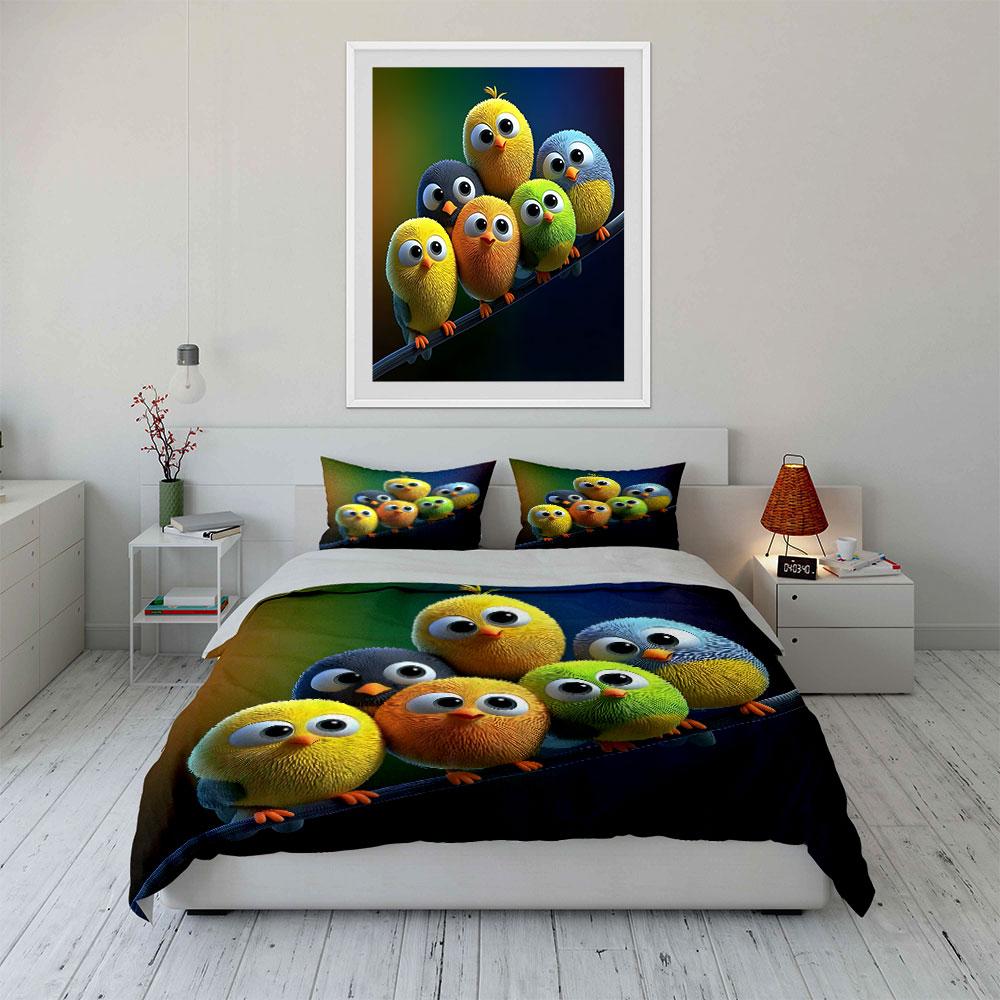 Adorable Colorful Birds In A Row Bedding Set For Kids Luxury Gift 3Pcs Digital Print Comforter Set Soft Comfortable Breathable