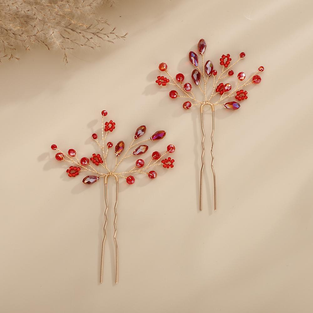 Black Wedding Head Jewelry Pink Hairpins Crystal Headwear Red Women Bridal Hair Accessories Blue Bridesmaids Headpieces 4PCS