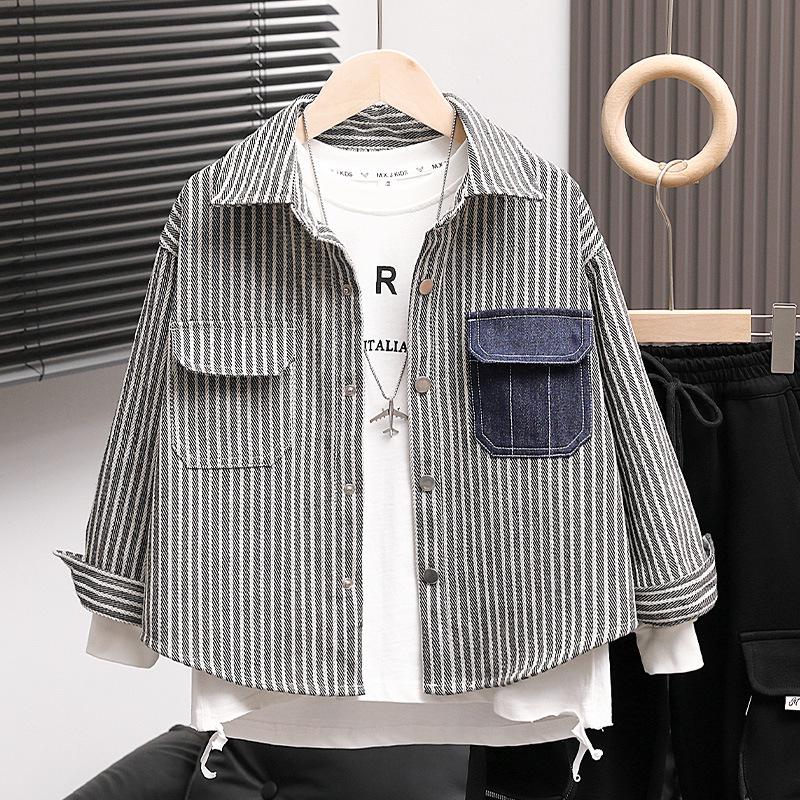 

Полосатая рубашка для девочек - Мода весна/осень 2025 для детей среднего и старшего возраста 120 cm белый/чёрный