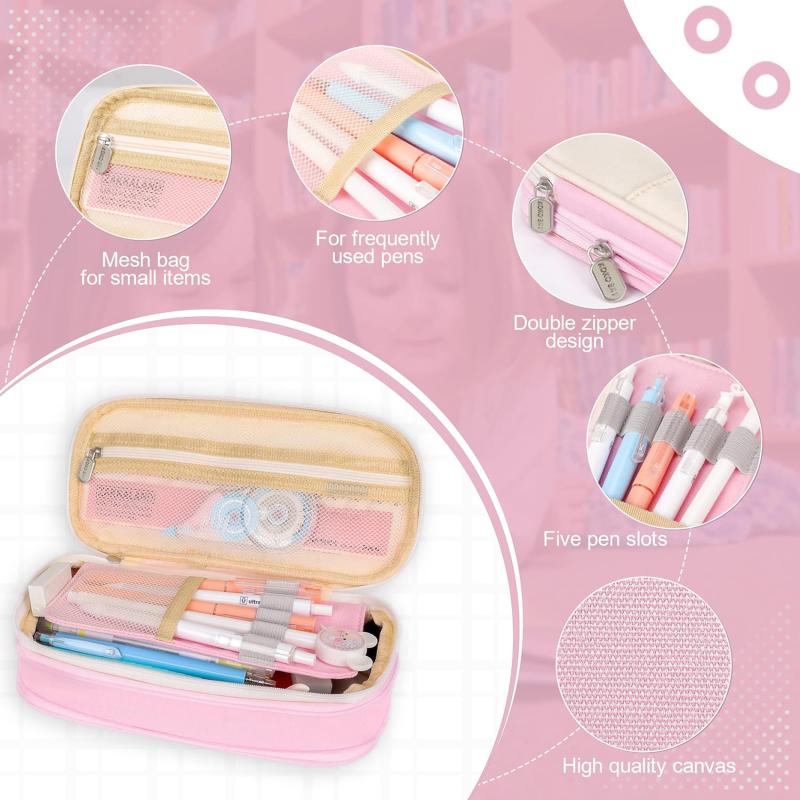 Cute Canvas Pencil Case Student Color Block Stationery Storage Bag Multifunctional Large Capacity Pen Bag Organizer Pouch