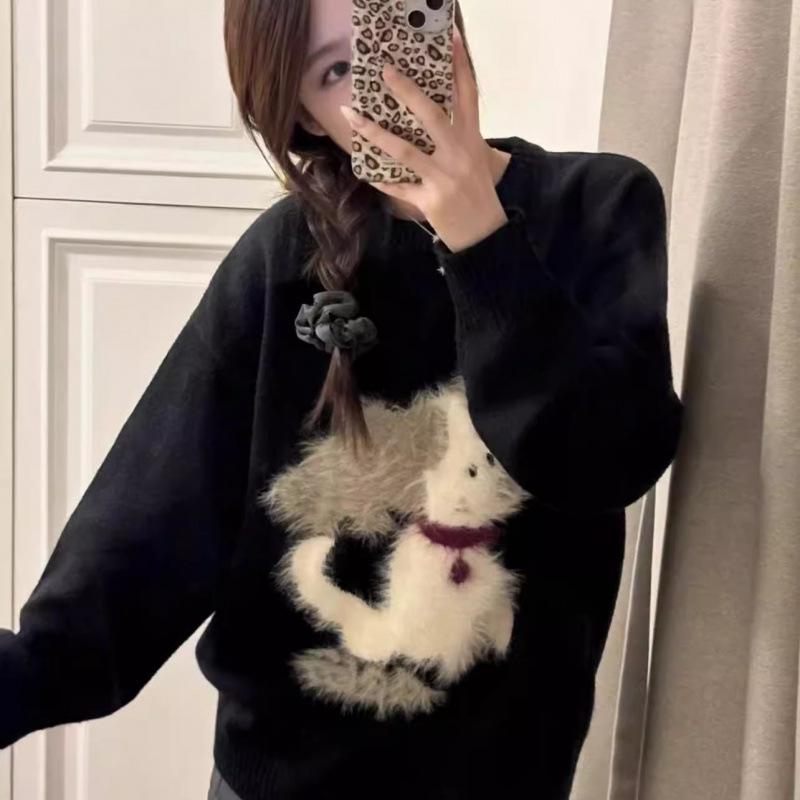 Autumn/Winter Small Dog Jacquard Sweater: Women's Casual Loose-Fit, Age-Reducing, Trendy Round Neck Knitwear.