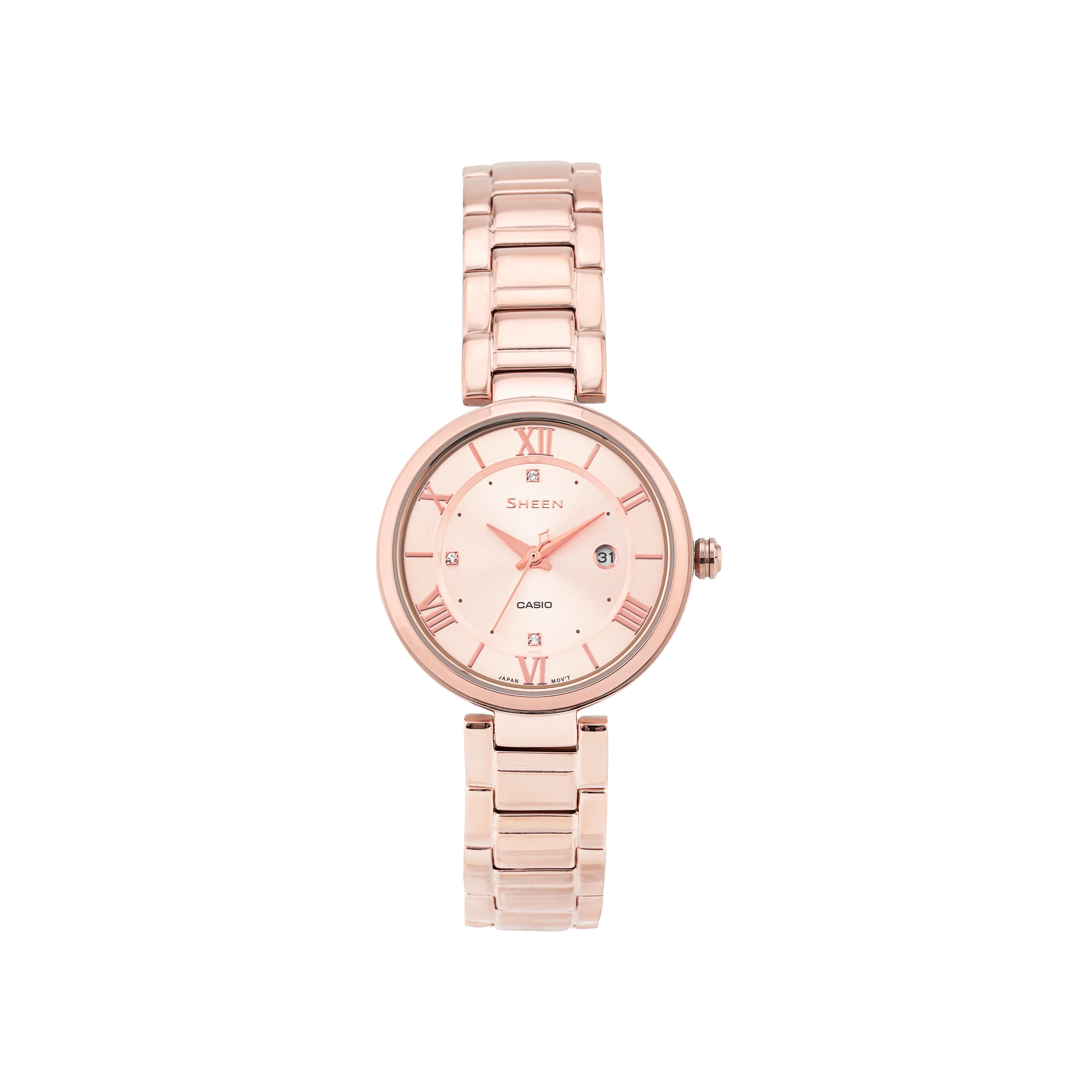 

Casio Sheen Series Classic Versatile Date Display Crystal Accented Roman Scale Waterproof Quartz Movement Stainless Steel Strap SHE-4529CG-4A Regular Watch Box,Rose Gold