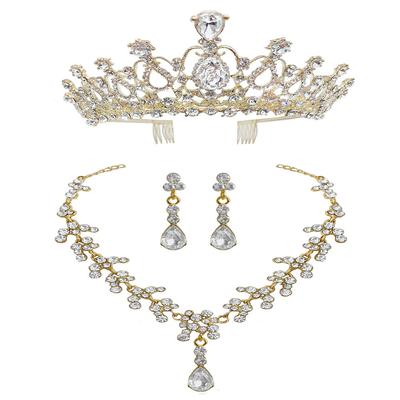 Einfacher Brautschmuck Ganz weiße Kristallkrone Diadem Fischgrät-Halskette Hochzeitsohrringe Dreiteiliges Set für Frauen