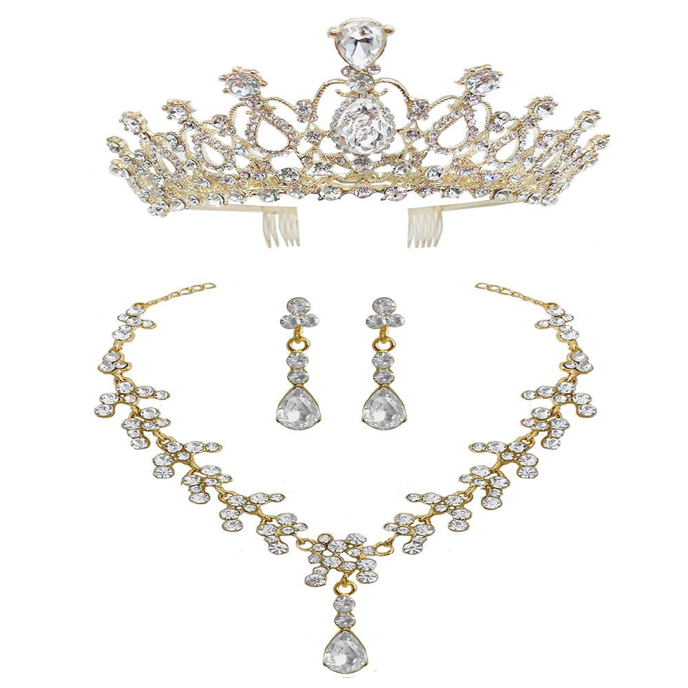 

Simple Bridal Jewelry All White Crystal Crown Tiara Herringbone Necklace Wedding Earrings Three-piece Set for Women