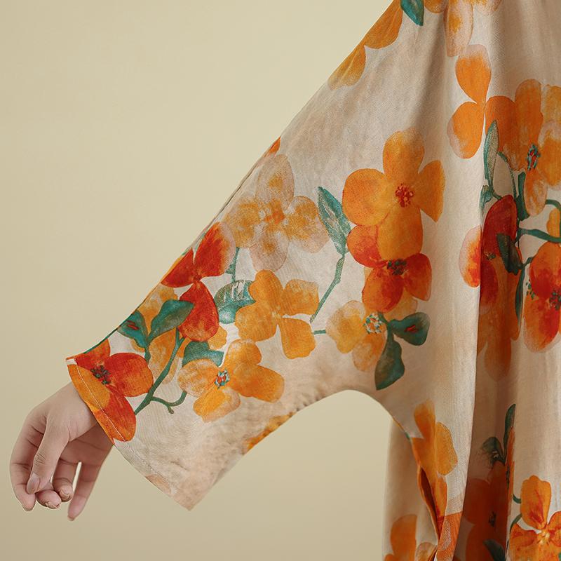 DIMANAF 2025 Women Plus Size Spring Long Dress Loose V-Neck Printing Vintage Casual Floral Oversize Long Sleeve 5050