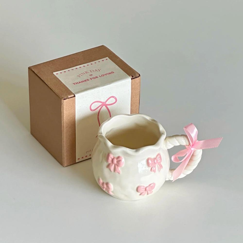 Cute Pink Relief Bow Ceramics Mug Cups Coffee Milk Drinks Ceramics Handle Cup with Box Girls Gift