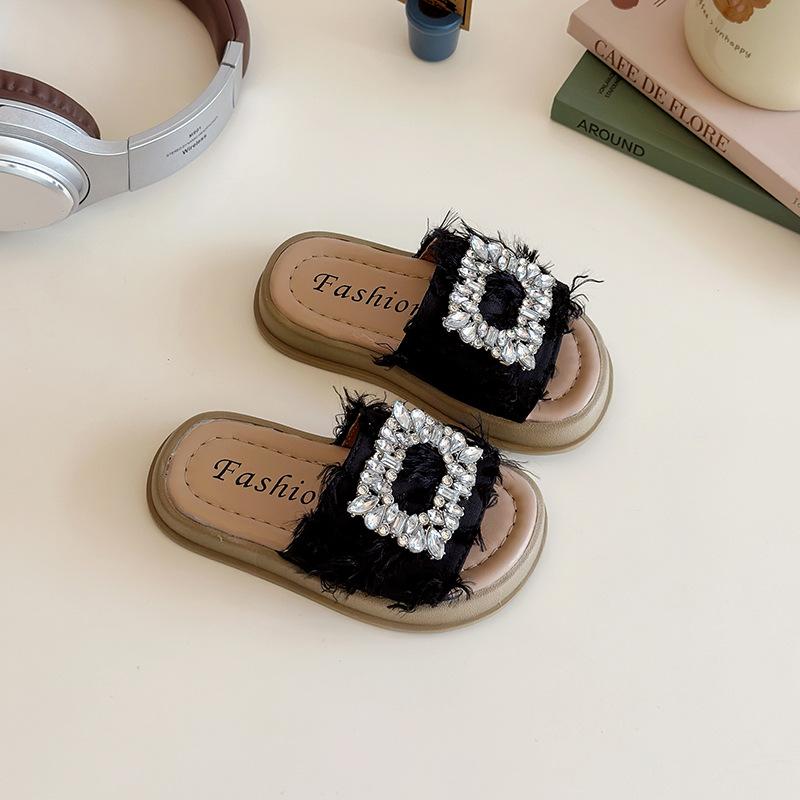 Kids Rhinestone Decor Fringe Open Toe Slide Sandals 21 чёрный