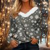 Women's Long Sleeve Christmas Print V-Neck Top with Plush Collar for Winter