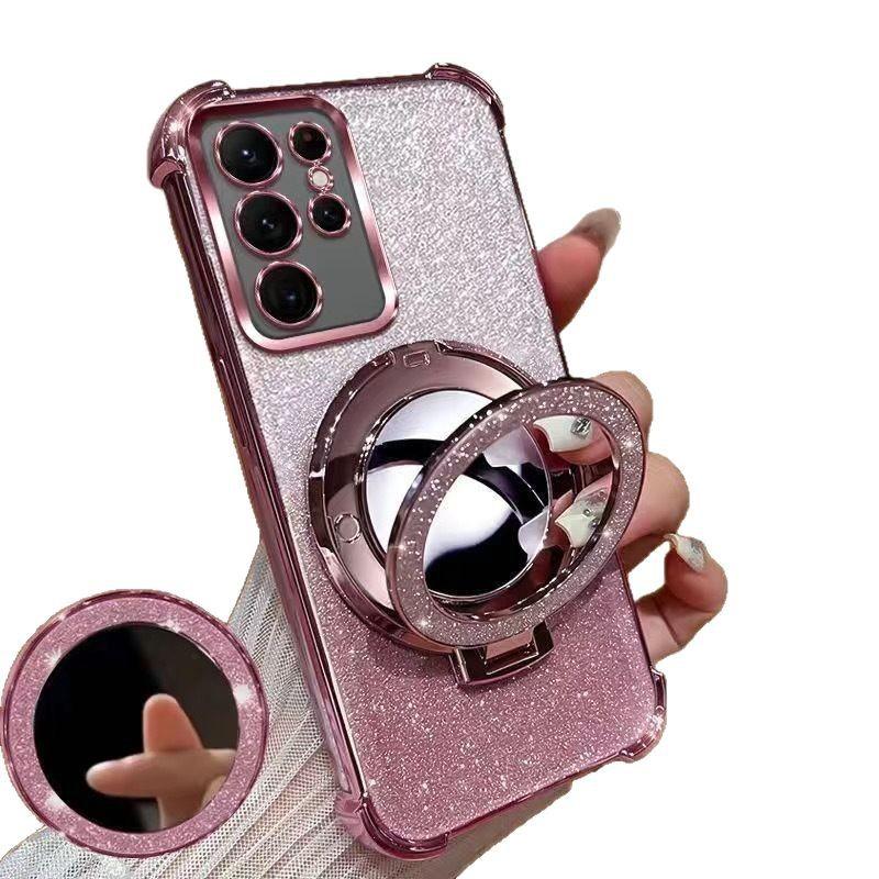 Suitable for Samsung S25EDGE Electroplated Four-corner Soft Case S25ULTRA Glitter Mirror Magnetic Stand Phone Case S24