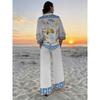 Summer vacation style beach element printed shirt wide-leg pants two-piece set