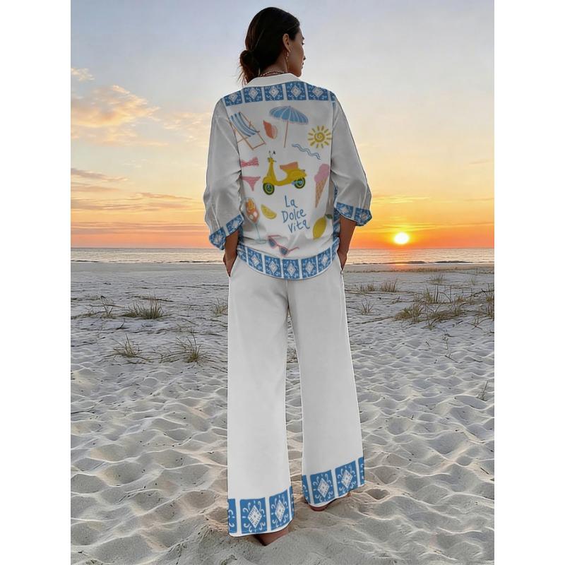 Summer vacation style beach element printed shirt wide-leg pants two-piece set