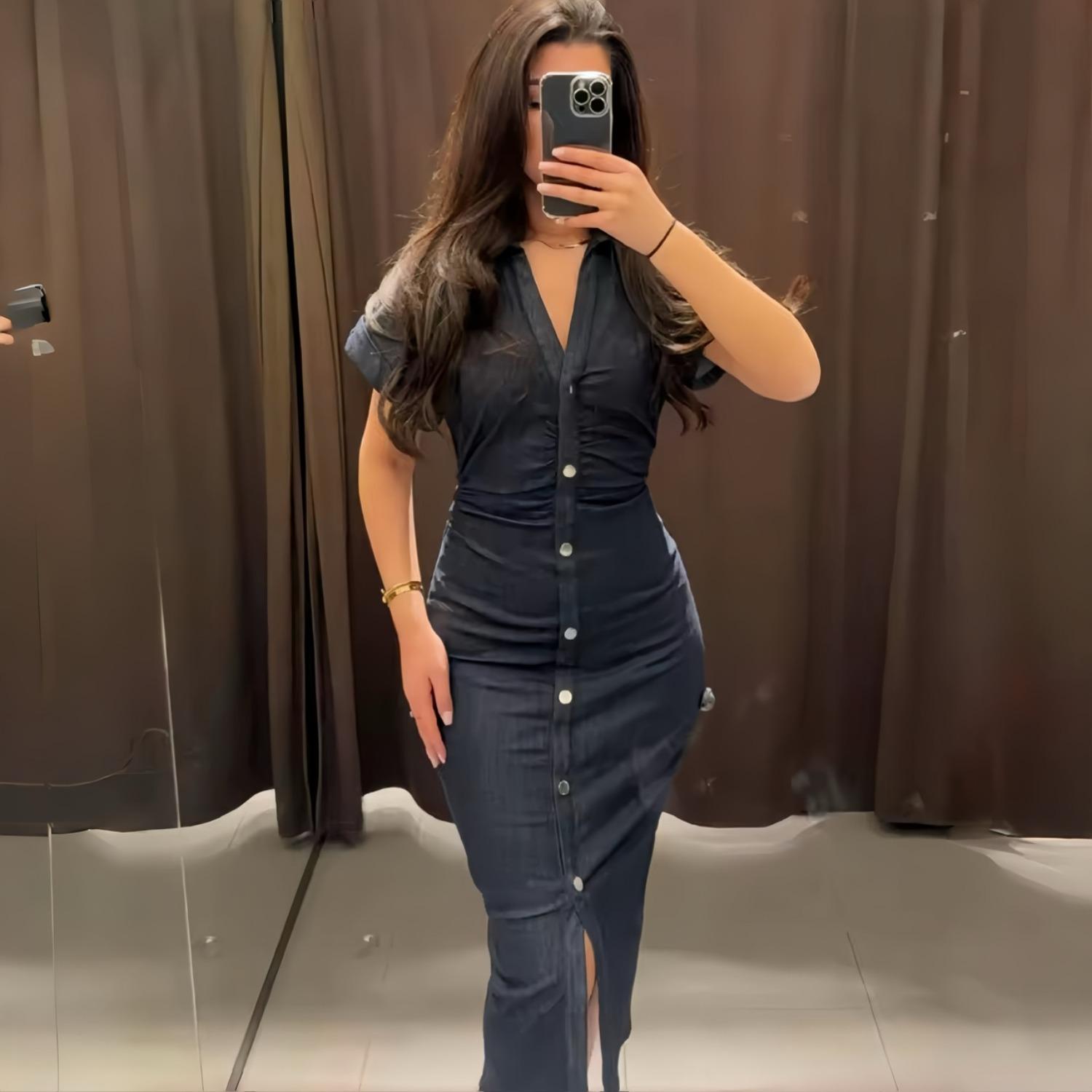 

LYRIA New 1975 Series Denim MIDI Dress with Lapel Side Zipper Fashion Wrinkle Waist Slim Elegant Dress L темно-синього кольору