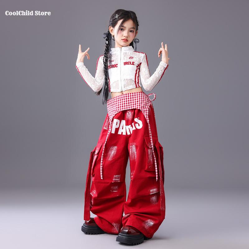 Girls Hip Hop Mesh Crop Jacket Paint-Speckled Cargo Pants Costumes Kids Streetwear Children Jazz Girl Group K-pop Clothes Sets