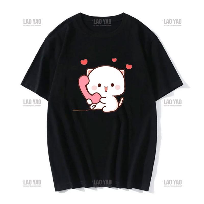 Lovely Peaches and Ash Ash T Shirt Szary Przyznaj się do błędu T-shirt Super słodki brzoskwiniowy kot kreskówka para nadruk T-shirt Unisex Unisex Topy Unisex