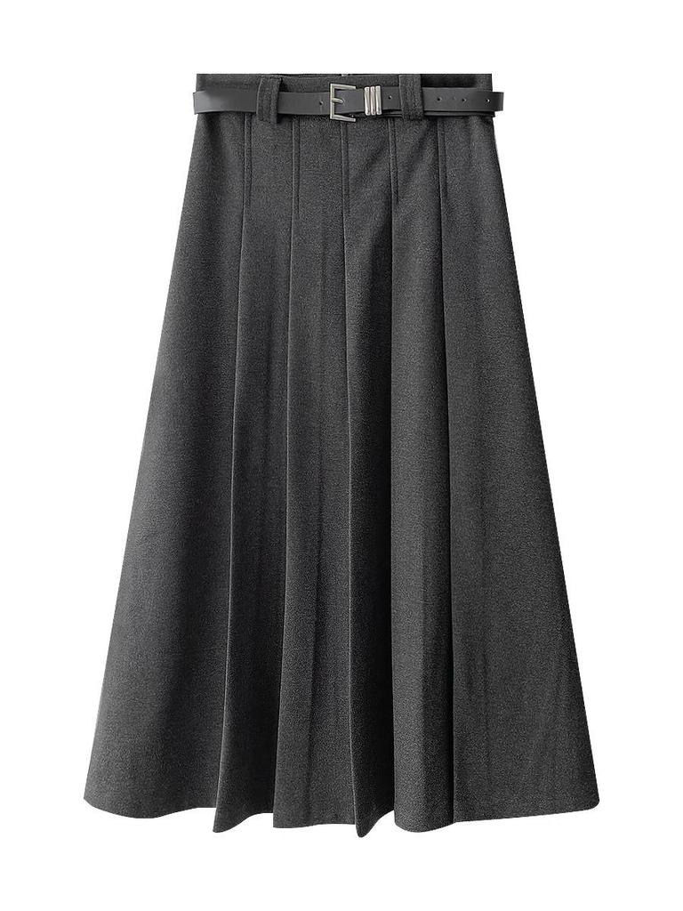 Gray Wool Blend High-Waisted Pleated Skirt for Petite Figures - Mid-Length A-Line Autumn Design