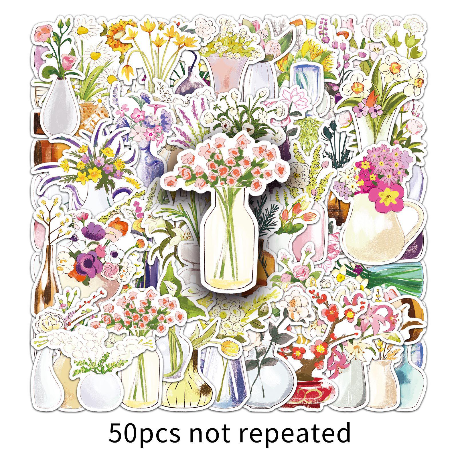 50 Hand-Painted Vase Stickers: Fresh Flower Cartoon, Waterproof & Decorative for Journals