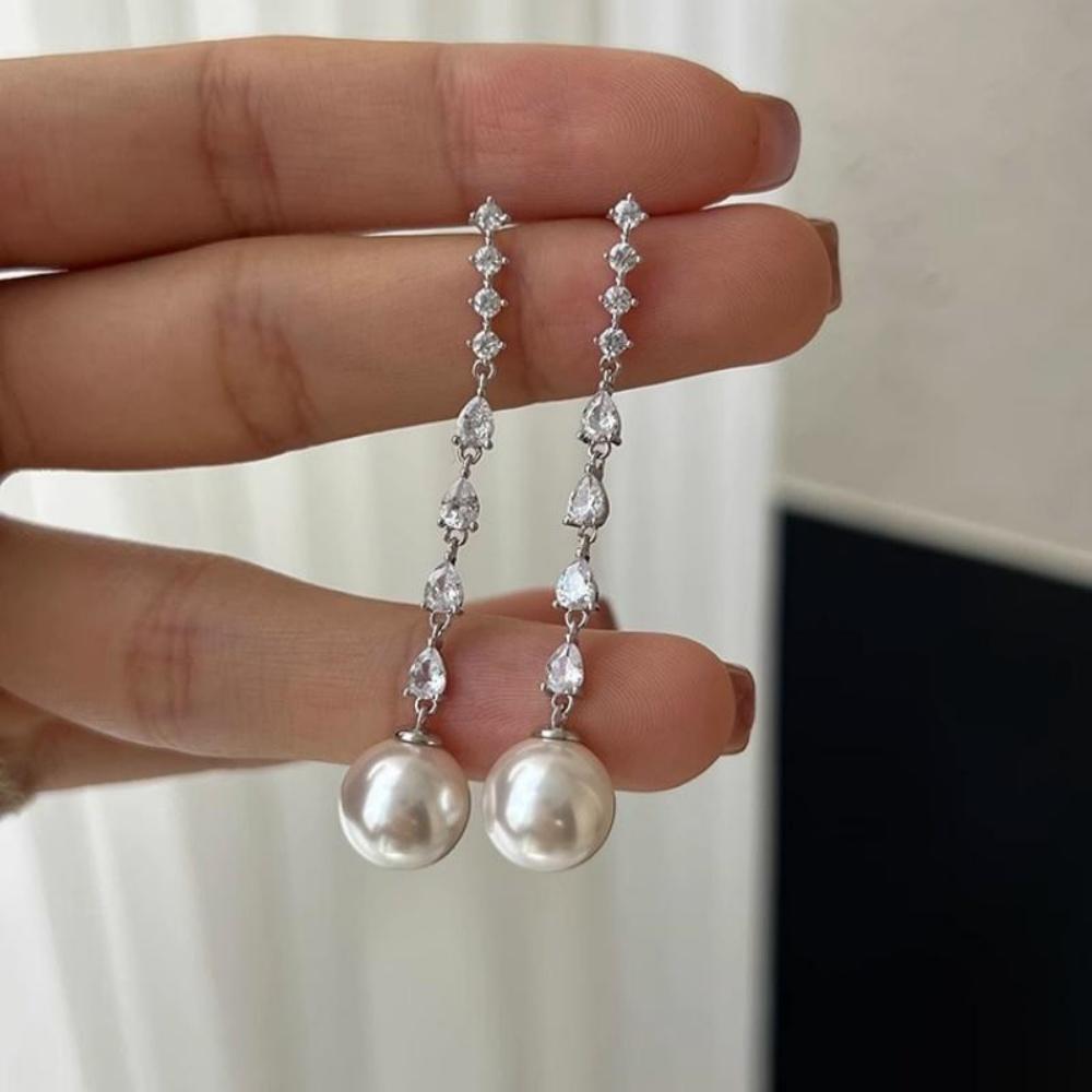 Silver Color Long Tassel Gray Pearl Pendant Earrings For Women Elegance Temperament Shiny Zircon Jewelry Mother's Day Gift
