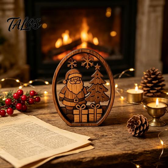 Boxwood Christmas Ornaments 3Pcs Santa Claus And Tree Ornaments, Wooden Oval Table Rustic Xmas Tabletop Decor Centerpiece, Solid Wood Desktop Ornament