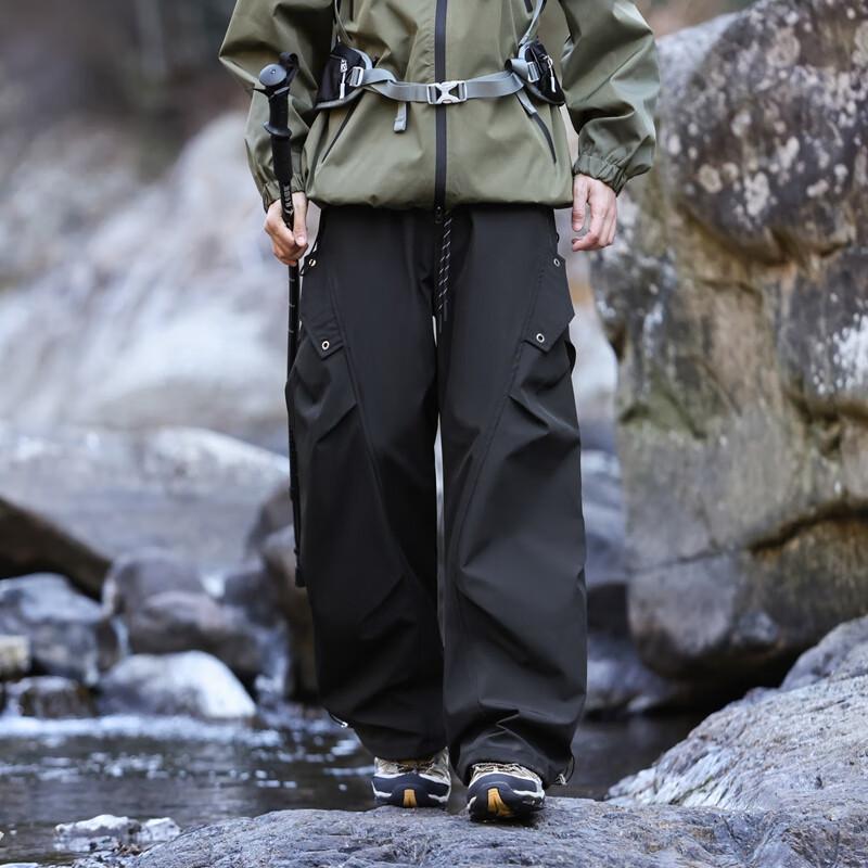 SWAMP AREA American Rivet Hiking Pants for Men, Spring And Autumn Trendy Cargo Pants, Casual Versatile Wrinkled Trousers KS2503 Black M