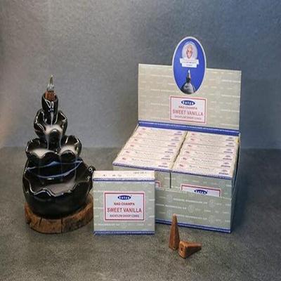 Nag Champa Sweet Vanilla Backflow Incense Cones for Inscent Waterfall Aromatic Insent Smoke Fountain Haze Falls and Mat Bundle - Pack of 12