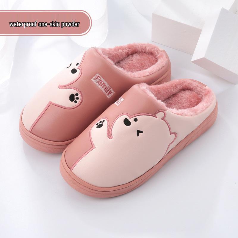 Women's and Men's Non-Slip Waterproof PU Leather Indoor Winter Slippers - Warm and Cute for Couples