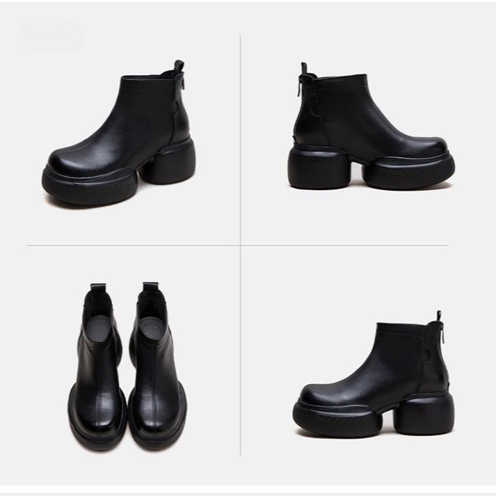 Johnature Plush Warm Thick Soled Short Boots Genuine Leather Round Toe Versatile Comfortable Women's Shoes