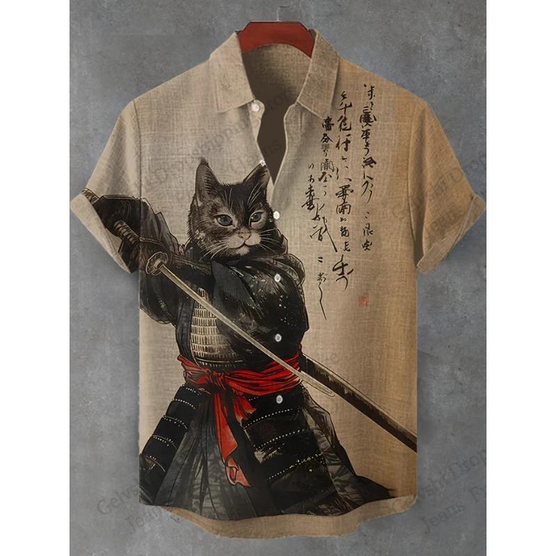 Men's Shirts Warrior Samurai Cat Print Hawaii Beach Shirt For Men 3d Print Hawaiian Shirt Women Fashion Short Sleeve