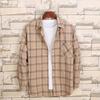 Men Autumn Shirt Plaid Print Contrast Colors Turn-down Collar Lapel Korean Style Single-breasted Loose Pocket Soft Patchwork Spring Shirt Daily Wear