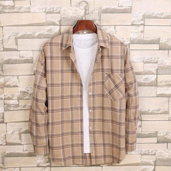Men Autumn Shirt Plaid Print Contrast Colors Turn-down Collar Lapel Korean Style Single-breasted Loose Pocket Soft Patchwork Spring Shirt Daily Wear