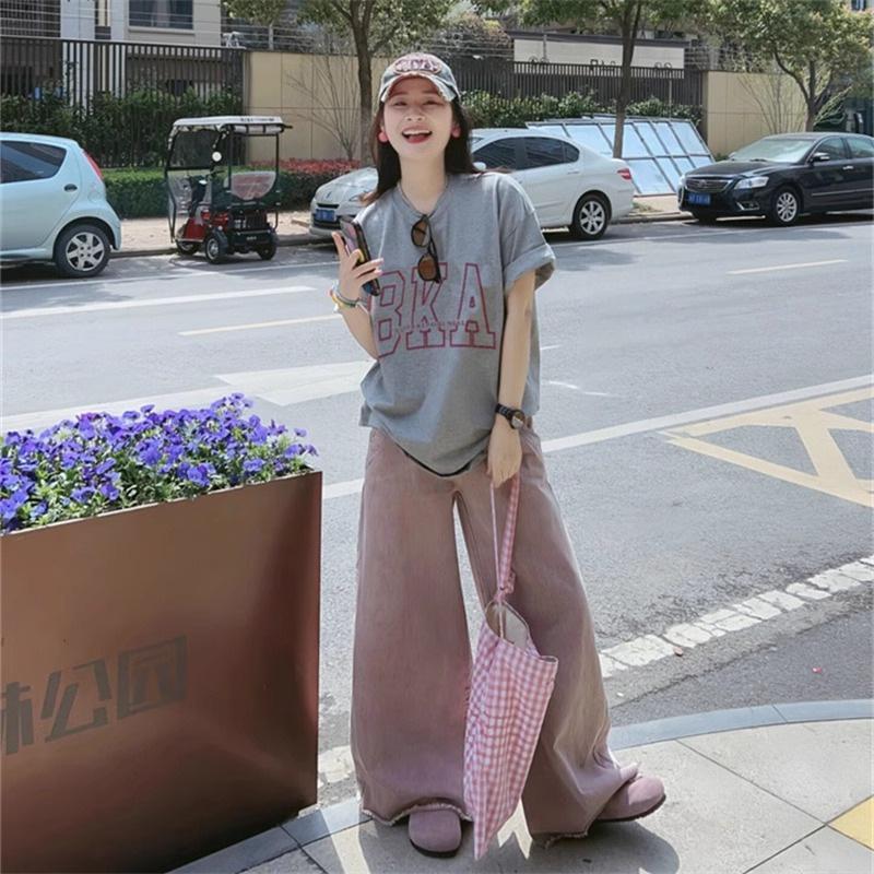 Light Gray Front Shoulder Short-sleeved T-shirt Women's Pure Cotton Large Size Loose Oversize Round Neck Half-sleeved Top Trendy Ins