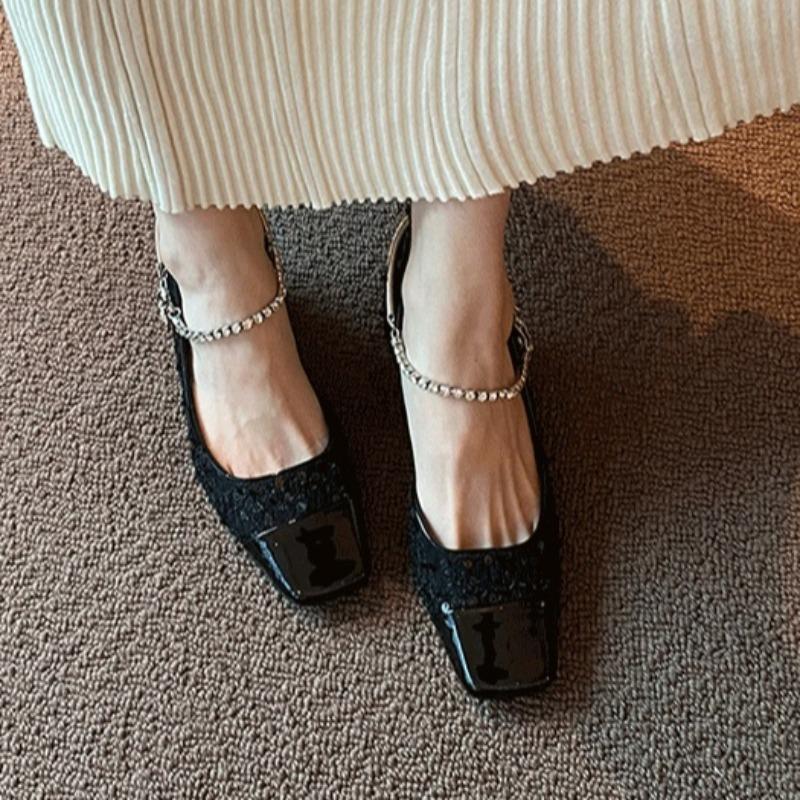 Fashion 2025 Brand Ladies Shoes Shallow Women's High Heels Fashion Bling Square Toe Dress Pumps Women Best Seller The Chain Mary Janes