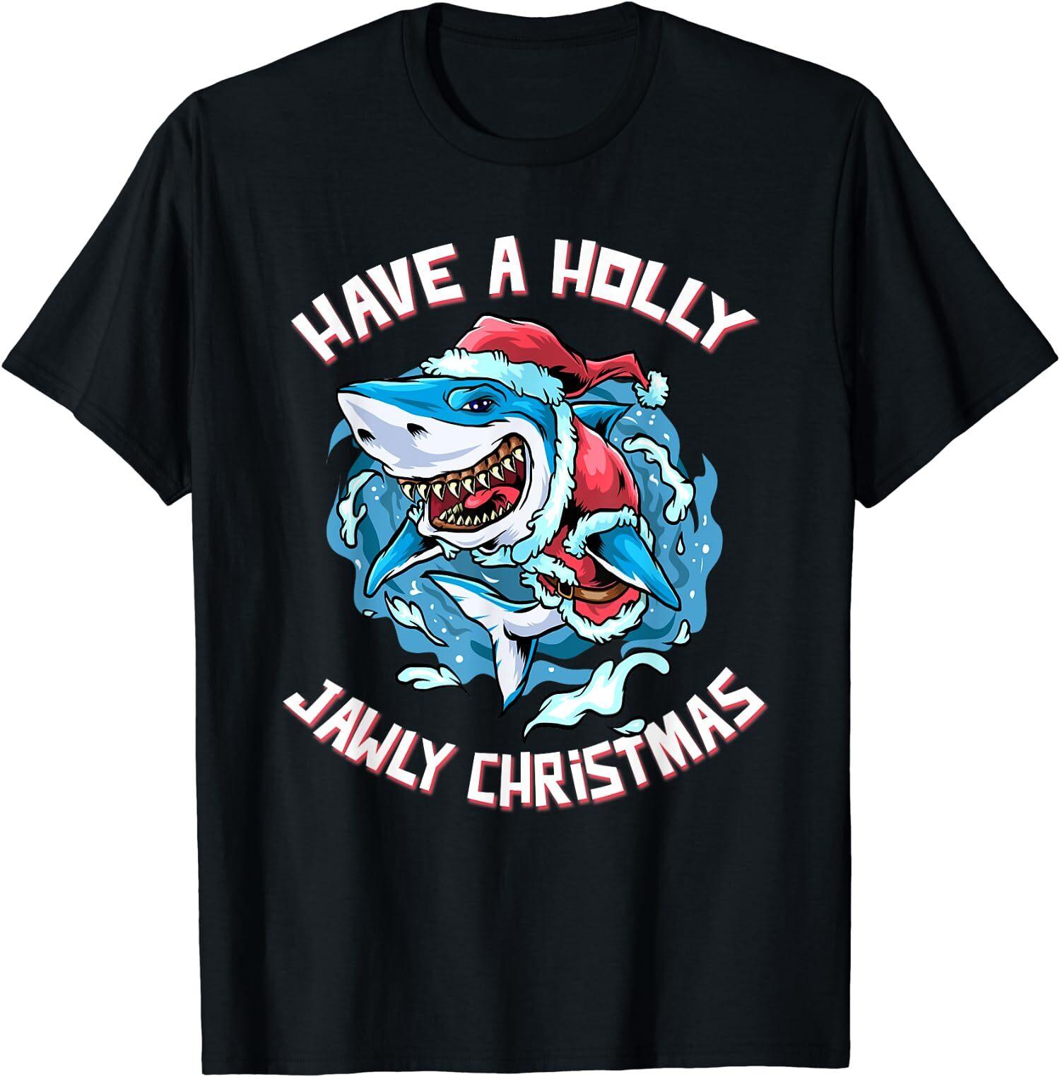 NEW LIMITED Great White Shark Have A Holly Jawly Christmas Santa Funny T-Shirt M