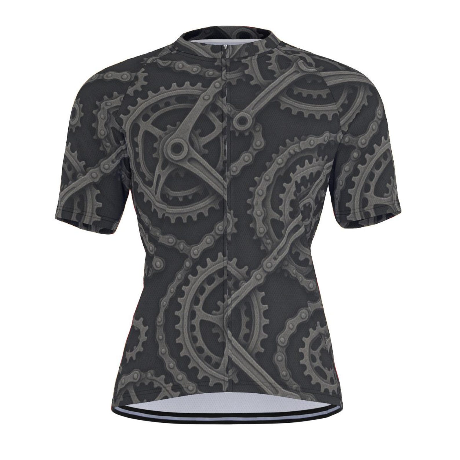 Stealth Black Cycling Jersey: Bike Gears Pattern, Breathable Polyester XL