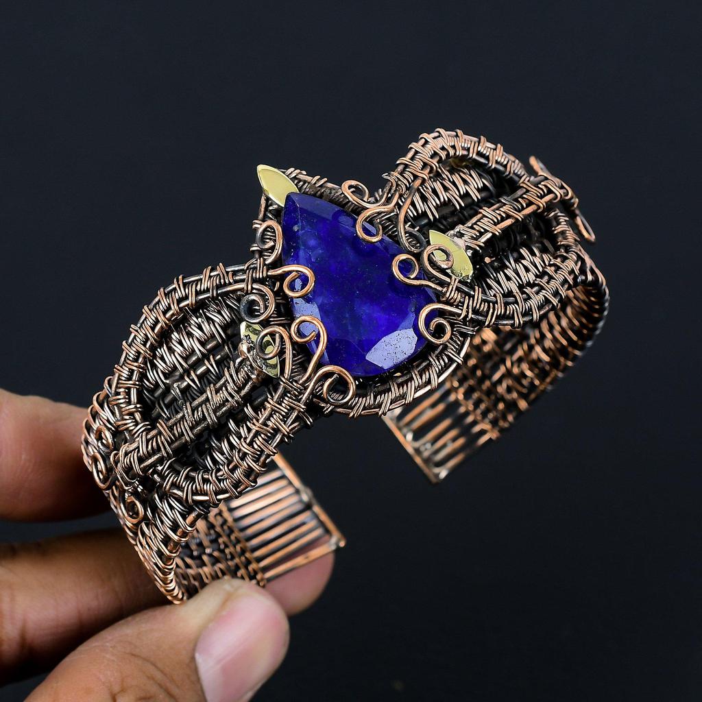 Safir Albastru Piatră Prețioasă Creată în Laborator Bijuterii Handmade cu Înfășurare din Sârmă de Cupru Manșetă Ajustabilă Minunată Pentru Ea