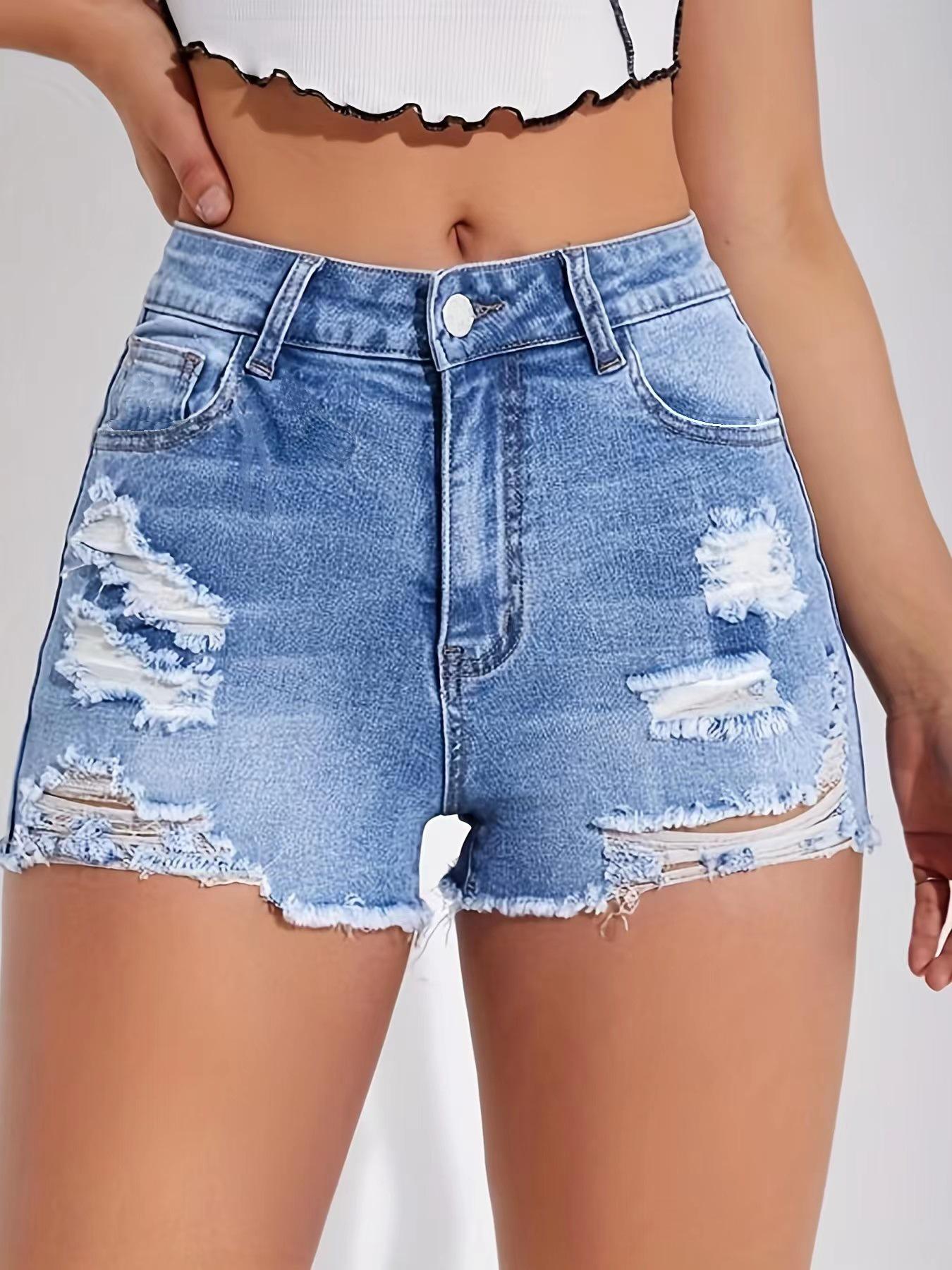 

European & American High-Waisted Ripped Denim Hot Pants - Summer Fashion Street Style Jeans Shorts L синий