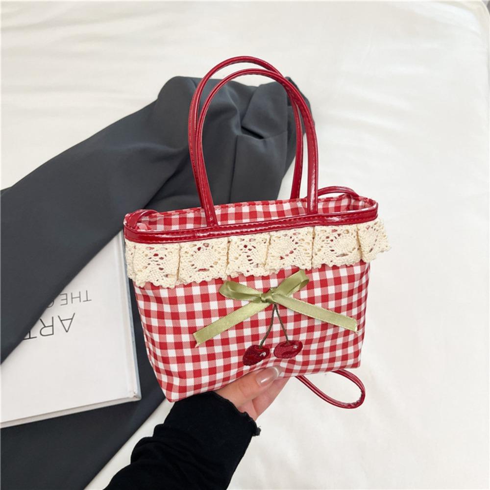 Polka Dot Lace Plaid Handbag Bowknot Sweet Crossbody Bag Portable Lattice Cherry Handbag  Students