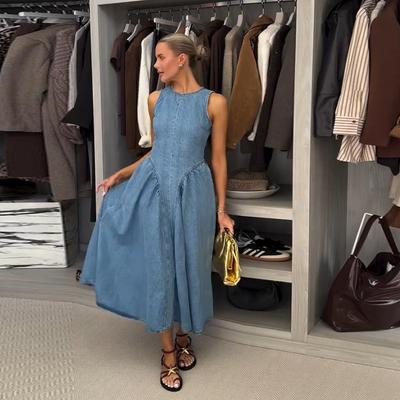 Moda Düz Uzun Denim Vestidos Kadın Kolsuz Omuz Düşük Bağcıklı Sırtı Açık Kare Yaka Kot Elbiseler 2025 Şık Sokak Giyimi