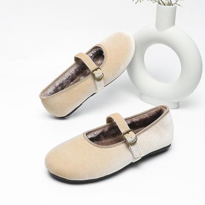 IPPEUM Ballet Flats For Women 2025 New Winter Plush Mary Janes Shoes Buckle Plus Size 35-43 Ballerina Flat