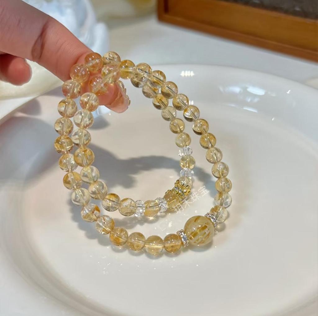 Natural Yellow Gold Double Circle Bracelet Women's Rutilated Quartz Citrine for Wealth & Luck