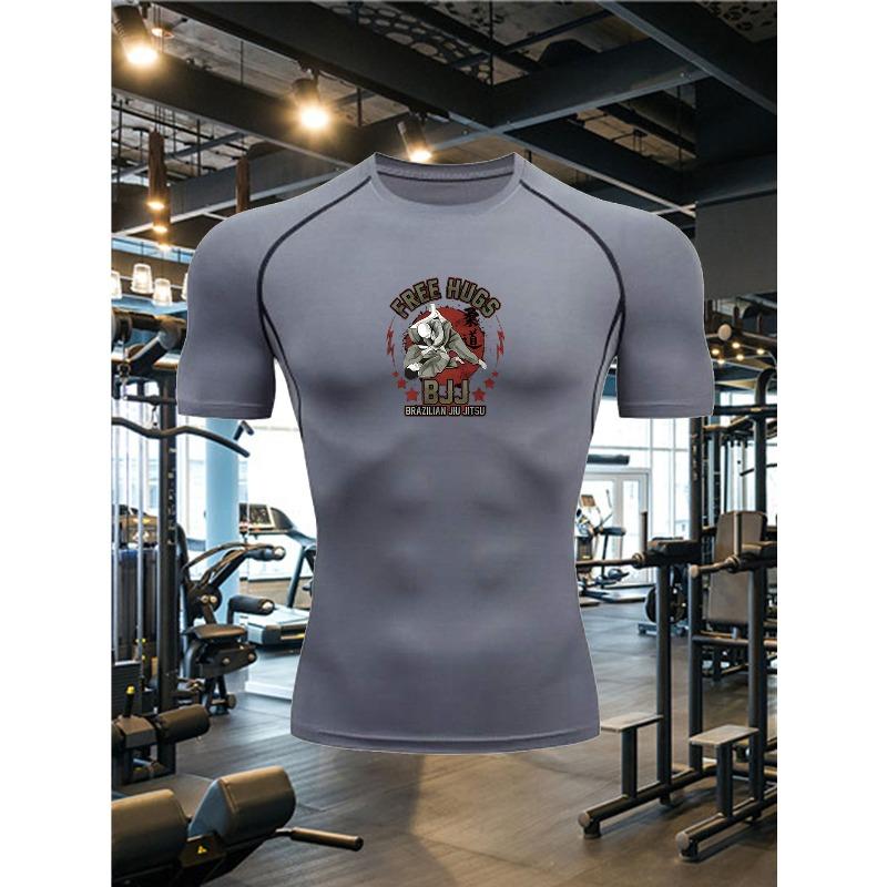 Men's White Brazilian Jiu-Jitsu Compression T-Shirt "BJJ" Bulldog Print Quick Dry Gym Workout Top