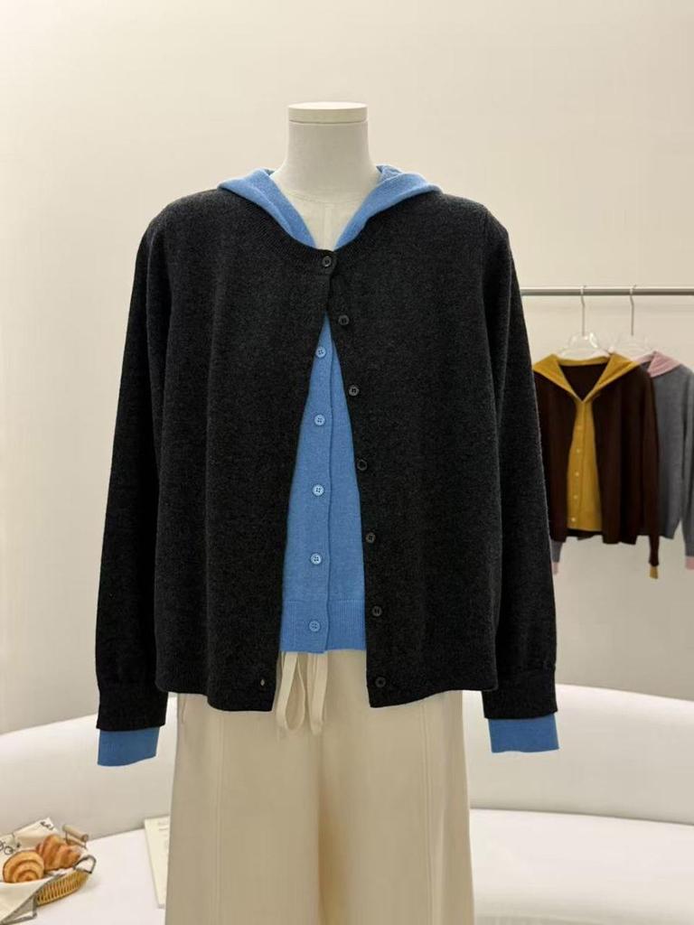 Women's 2026 Spring Double-Breasted Hooded Wool Cardigan Sweater - Color Block, Fake Two-Piece Design