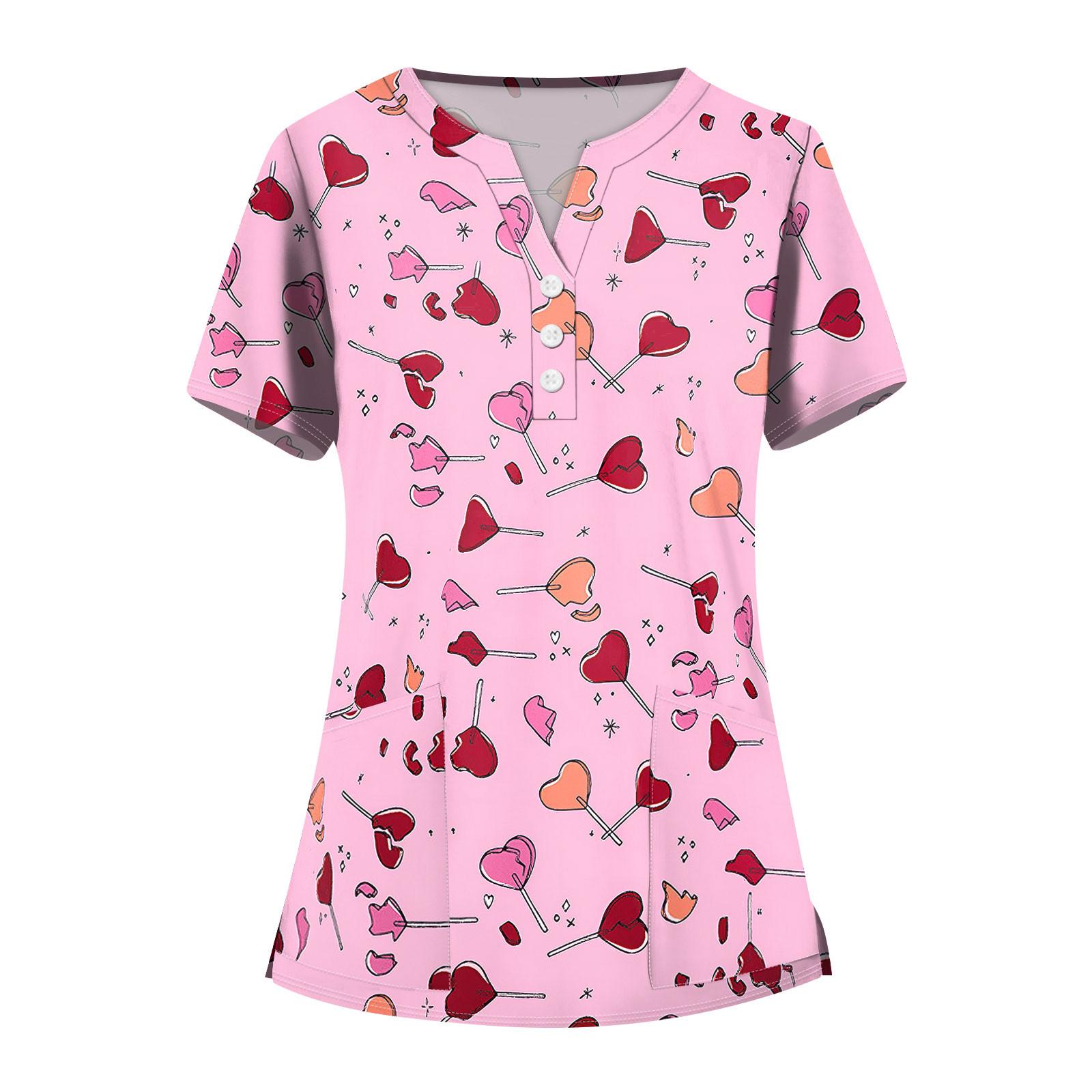 

Женская мода V-образный вырез короткий рукав комбинезон с карманами пуговицы принт блузка одежда S розовый