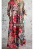 Ladies light gray washed V-neck seven-quarter sleeve long dress hem flower embroidery loose pleated side holiday dress