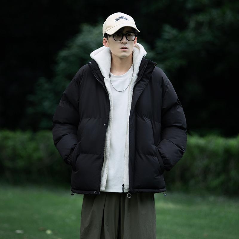 Exclusive for fake two-piece cotton clothes, men's winter trendy brand bread clothes, hooded thickened jackets, warm and loose cotton-padded clothes.