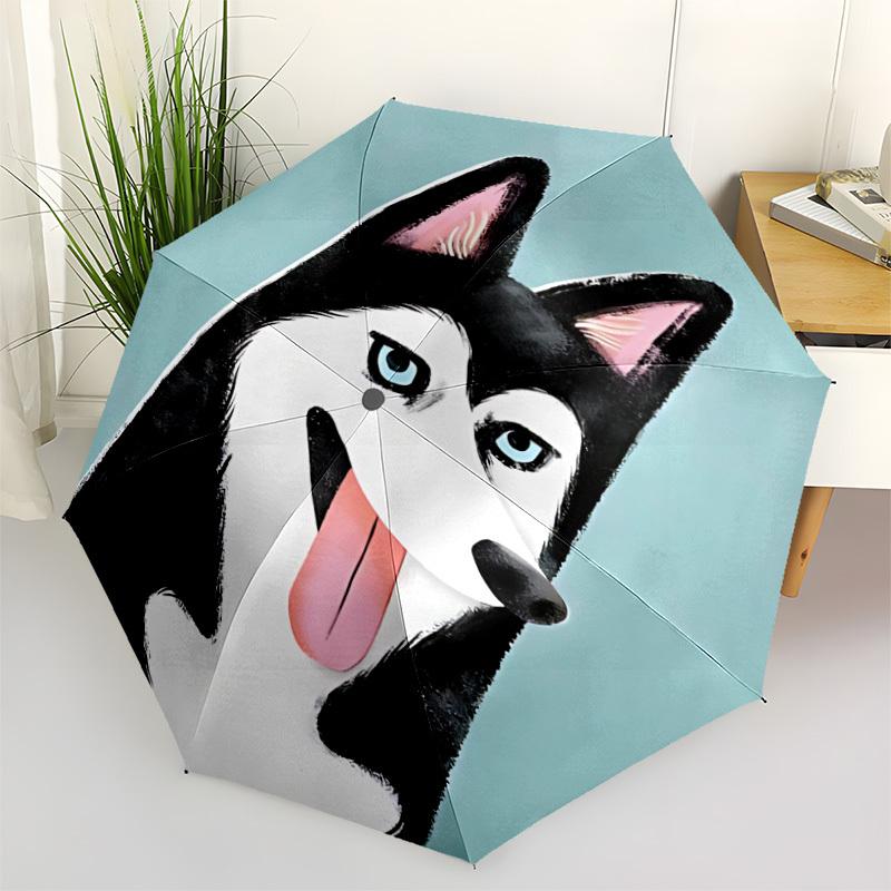 1PC Husky Dog Automatic Windproof Umbrella 8 Rib Portable Folding Black Iron Frame for Outdoor, Beach, Travel, Beach Umbrella,S45