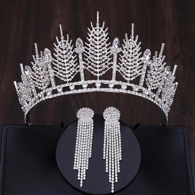 Baroque Silver Color Crystal Bridal Tiaras Crown With Earrings Rhinestone Pageant Diadem Luxury Wedding Hair Accessories Bijoux