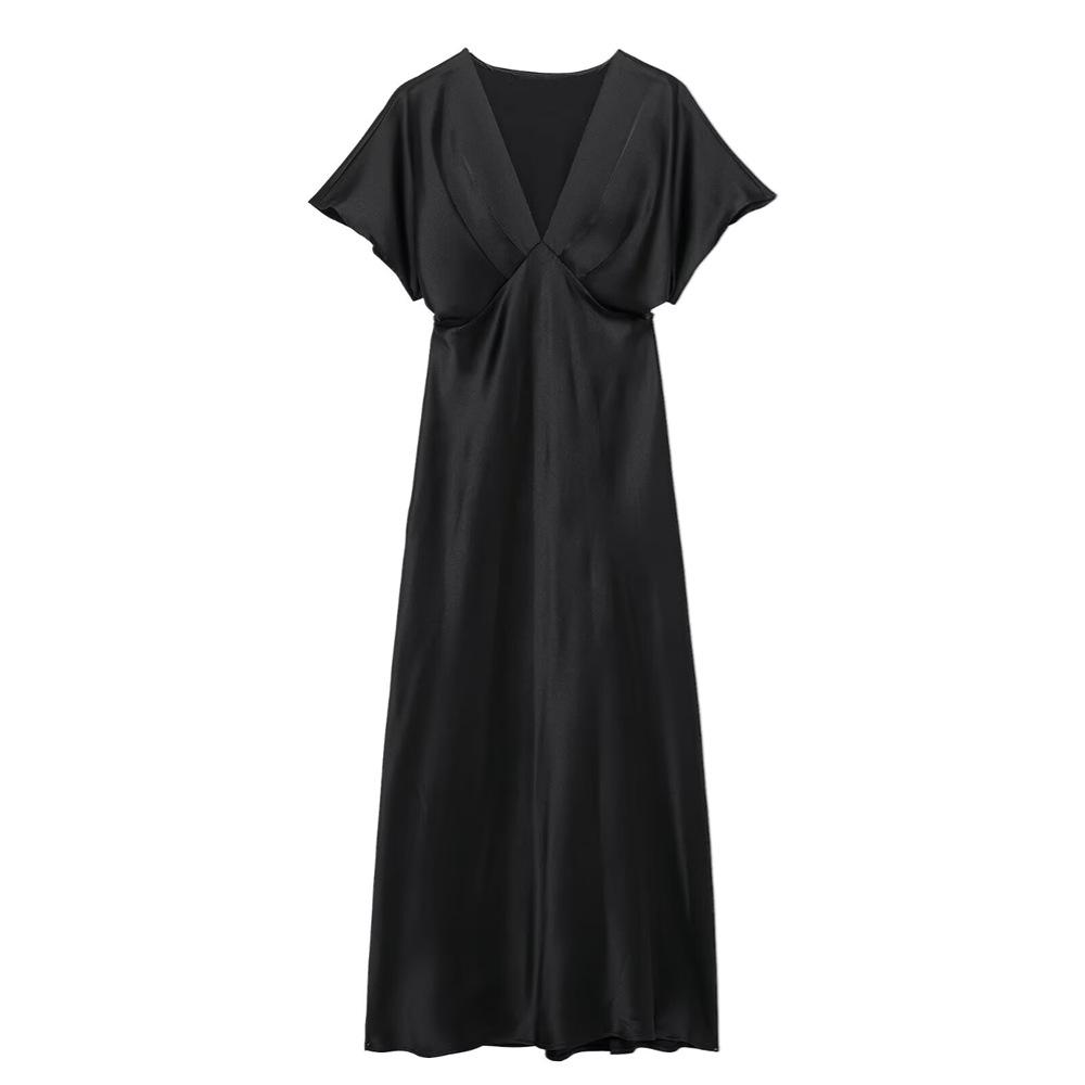 

Женское приталенное миди-платье с V-образным вырезом из шелкового атласа на весну/лето 2025 года S чёрный