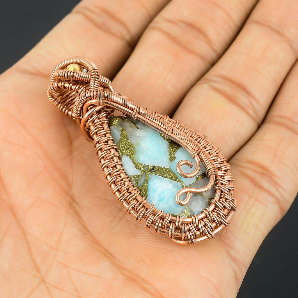 Copper Larimar Pendant Gemstone Handmade Jewelry, 999 Copper Wire Wrapped Pendant, Gift For Wife Jewelry