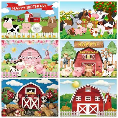Cartoon Farm Red Barn Photo Background Rural Farm Animal Wooden Fence Baby Birthday Party Decor Photography Backdrop Props