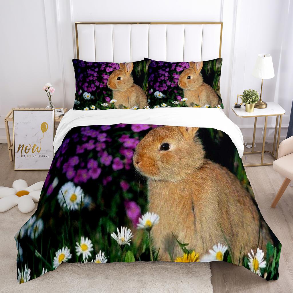 3D Kaninchen Bettbezug Set Liebliches Kleines Kaninchen Grüne Wiese Dekor Bettwäsche für Kinder Mädchen Geschenk Tier Thema Schlafzimmer Dekoration